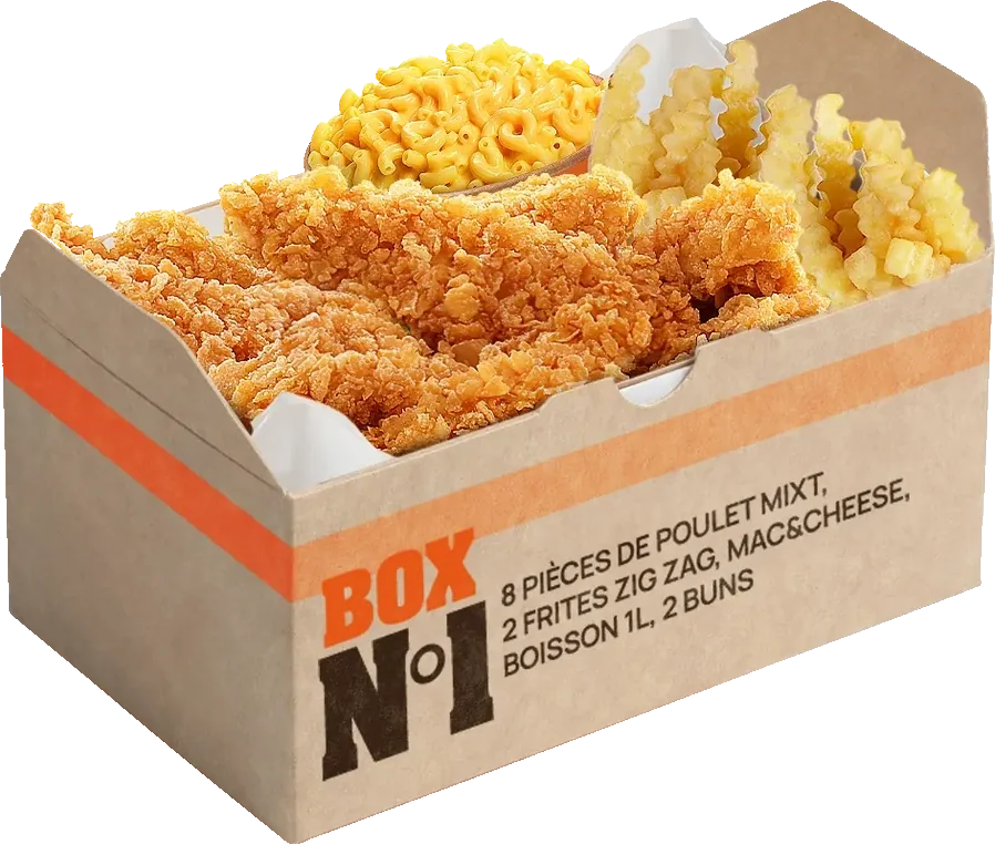 Box N°1 : poulet mixte, frites zig-zag et mac & cheese dans une box kraft