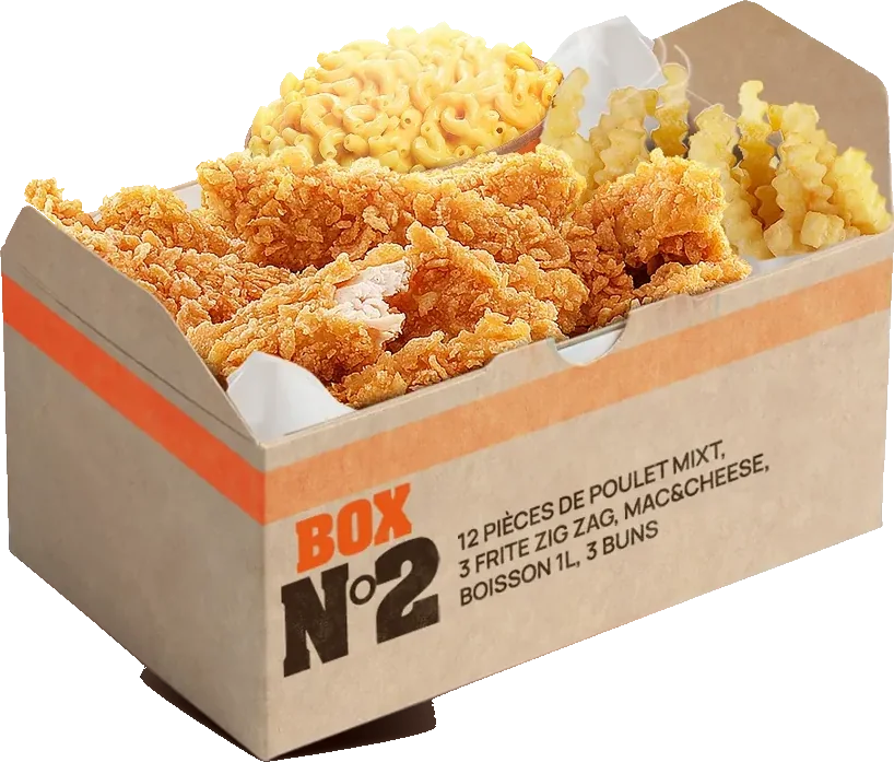 Box N°2 : poulet mixte, frites zig-zag et mac & cheese dans une box kraft