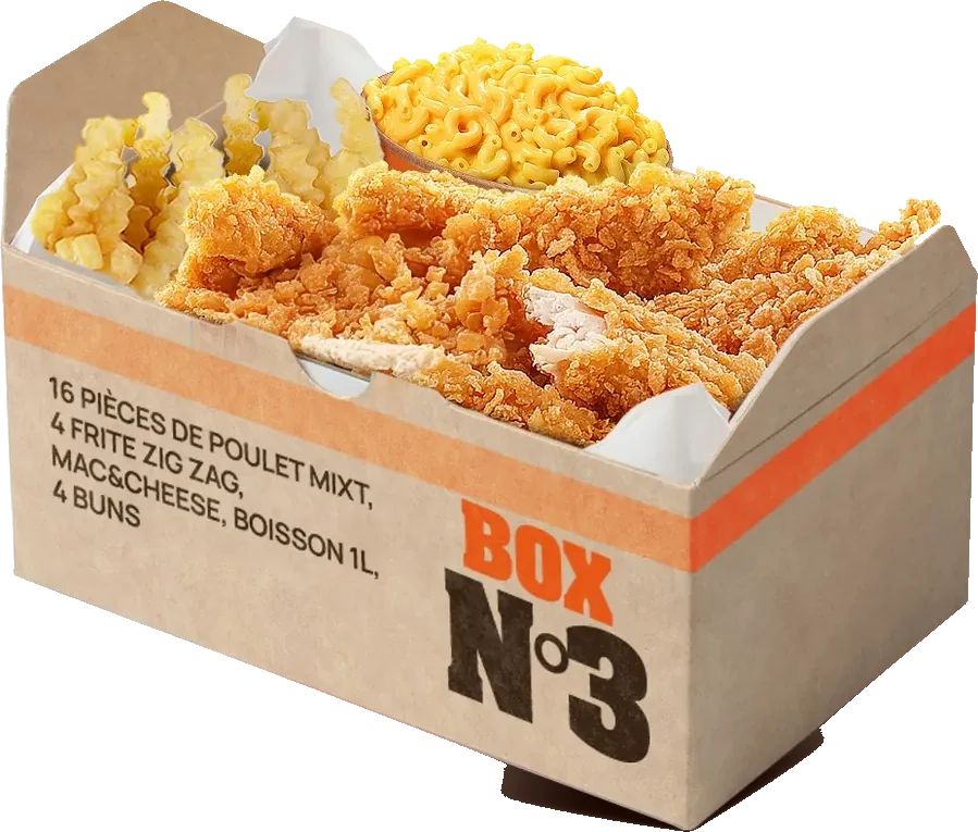Box N°3 : poulet mixte, frites zig-zag et mac & cheese dans une box kraft