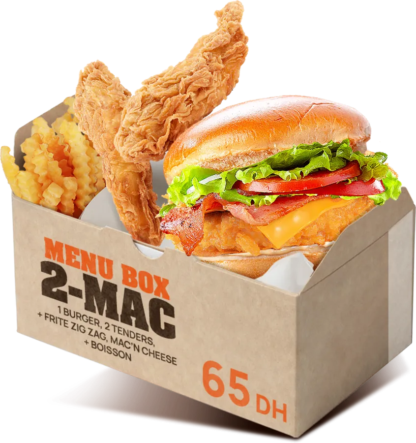 Menu Box 2-MAC : burger, deux tenders, frites zig-zag et mac & cheese