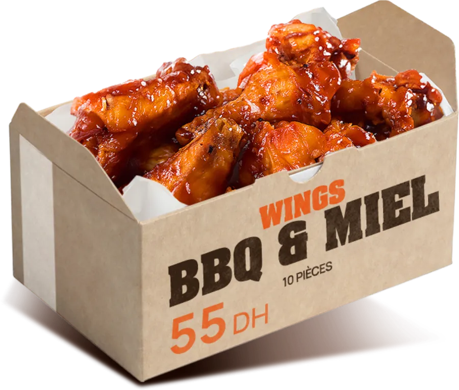 Wings BBQ et miel laqués dans leur box